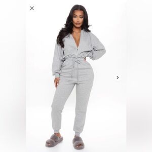 One piece heather grey jumpsuit.
